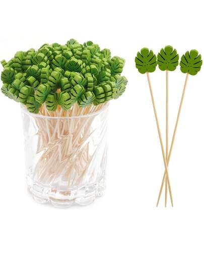 100pcs Green Monstera Leaf Cocktail Picks, Bamboo Wooden Decorative Sticks, Cocktail Picks Toothpicks, Long Green Leaf Toothpicks, Disposable Fancy Bamboo Food Sticks For Appetizers Fancy Cocktail Party Decorative Summer Tropical Hawaiian Party Food Drinks Garnish Fruit Skewer Sticks Summer Spring Holiday Birthday Party Decoration.