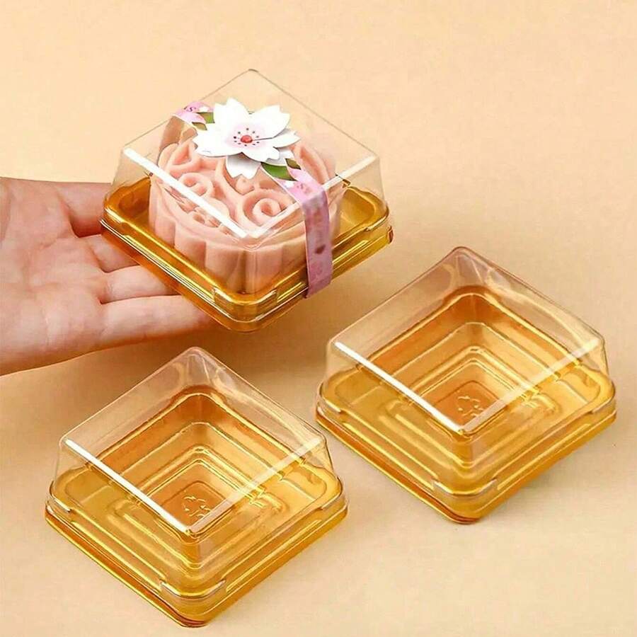 50pcs Cake Boxes With Transparent Lids, Chinese Pastry Boxes, Cake Pastries, Used For Cakes, Chocolates, Cookies, Mooncakes And More, Birthday Party Gifts, Wedding Party Gifts, Baking Tools, Kitchen Accessories - 金色 - 查看 1