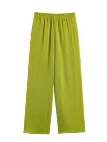 Women's Solid Color Casual Loose Turndown Collar Drawstring Top + Elastic Waist Relaxed Leg Pants Set, Summer Elegant - 橄欖綠 - 查看 11