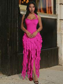 Jellyfish Ruffle Halter Sexy Dress, Graduation Gown Party Summer Elegant - Hot Pink - View 6