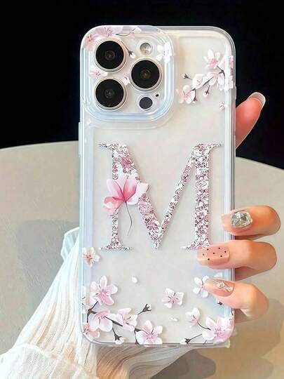 1pc Floral Letter M Personalized Transparent Full Body Shockproof TPU Phone Case Compatible With Iphone 17 16 15 14 13 12 11 Pro Max, A55/54/53/52/51, S25/24/23/22/21 Ultra,International Version, Not The Domestic Version