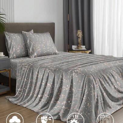 Bộ ga trải giường 4 món họa tiết cành cây và hoa mai màu xám, dễ giặt ủi, chất liệu microfiber siêu mềm (1 ga phẳng + 1 ga bọc nệm + 2 vỏ gối), phù hợp với giường cỡ King/Queen/Full, độ dày nệm lên đến 11.8 inch, thoáng khí và chống nhăn, họa tiết hoa tối giản.