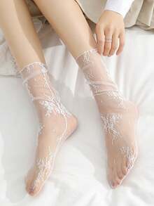 1双女士中筒袜，蕾丝网眼长袜，透明仙女洛丽塔风格可爱白色薄款透气蕾丝袜，夏季必备 - 彩色 - 查看 7
