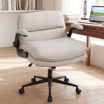 Cross Legged Office Chair, Wide Seat Faux Leather Vanity Desk Chairs With Wheels & Flip-Up Armrests, Swivel Height Adjustable Computer Task Chair For Office Home (Beige)