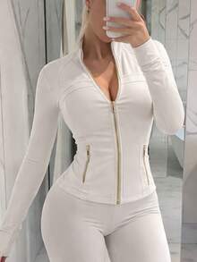 Women's High Stretch Slim Fit BBL Jacket Gold Zip Up Stand Collar Thumb Hole Activewear Top Multi Color Gym Workout Casual Wear - 象牙色/金色 - 查看 1
