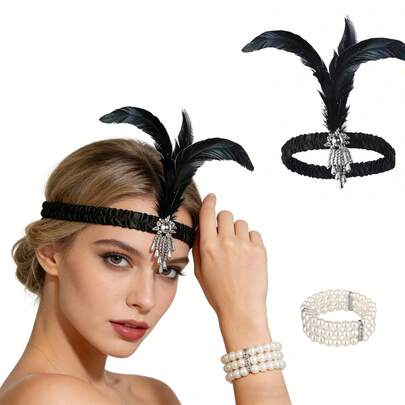 2pcs Women's Accessory Set, Including Black Headpiece And Faux Pearl Bracelet, Perfectly Recreating The Glamorous Jazz Age Vibe. Suitable For Vintage Parties, Retro Weddings, And More, Easily Achieving The Stunning 1920s Flapper Look