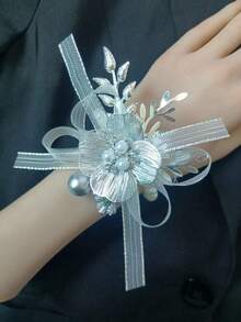 1 Broche Unissex Elegante Vintage com Rosa Prateada Brilhante + 1 Corsage de Pulso, Ideal para Noivo, Noiva, Casamento, Festa Formal, Banquete, Baile de Formatura, Verão, Praia, Festival, Aniversário - Prata - Ver 2
