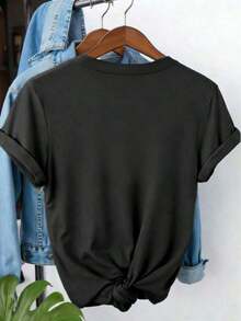 Camiseta de algodón 100% con cuello redondo, manga corta y estampado de perlas falsas, top casual de verano para mujer - Negro - Ver 2
