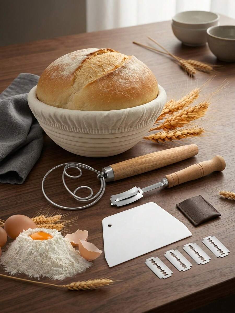 9pcs Bread Baking Tool Set, Oval & Round Proofing Baskets, Dough Mixer, Scraper & Bread Knife, Complete Home Baking Tools For Sourdough Bread - - - View 1