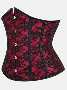 Court Retro Bohemian Red & Black Lace Waist Cincher Corset, Front Buckle Back Lace-Up Shaping Top, Sexy Hot Girl Outfit For Halloween Party - Burgundy - View 12