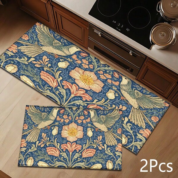 2D Retro Bird And Floral Print Pattern Rug, Soft And Durable Washable Floor Mat For Entryway, Porch, Indoor - Living Room, Bathroom, Bedroom, Game Room, Laundry Room, Dorm Decor
