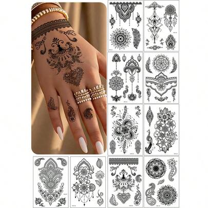 10pcs Brown Henna Temporary Tattoo Stickers, Ramadan Decoration, Red Hand Tattoo Stickers, Eid Mubarak Stickers, Waterproof Henna Tattoo Cones, Suitable For Festivals, Weddings, Parties, Dates, Valentine's Day