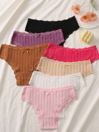 Kit 10 peças Calcinhas Algodão Canelada Respirável  confortável Tanga Feminina Calcinhas de Algodão com Renda Toque Sedoso Contrastante