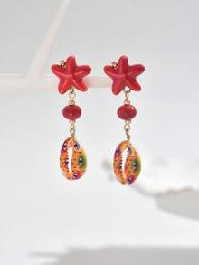 1 Pair Fashionable Elegant Ocean Theme Red Ceramic Small Starfish & Orange ABS Plastic Small Fish With Colorful Eye Print Scallop Pendant Earrings For Women, Summer Beach Vacation Jewelry, Suitable For Ocean Lovers, All Seasons Wear, Perfect For Dresses Or Tank Tops, Beach Vacation, Party, Daily Use, Ceramic High-Temperature Fired, Slight Imperfections Are Normal And Do Not Affect Beauty, Buy With Confidence - Multicolor - View 3