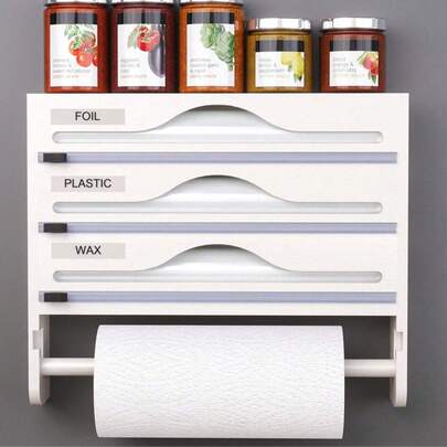 1pc Bamboo Wrap Dispenser, 3-Tier Aluminum Foil Organizer With Paper Towel Holder, Aluminum Foil & Cling Wrap Organizer, Suitable For Kitchen - Back To School Season
