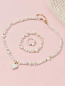 3 Stücke/Set Halskette, Armband und Ring Schmuckset mit weißen Perlen und Herzanhänger, elegant für Mädchen zum Tragen auf Banketten und Partys - Herz Schmuckset - Übersicht 13