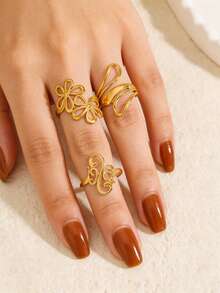3pcs 18K Gold Plated Stainless Steel Minimalist Elegant Geometric Floral Line Pattern Ring Set, Suitable For Women's Daily, Festival, Date, Shopping Wear, Popular Jewelry Gift - Multicolor - View 2