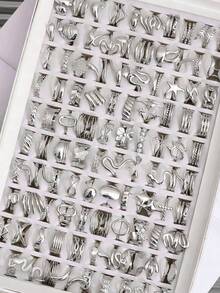 3/6/10/16/24/30件套不锈钢银色戒指，花朵、心形、蛇形设计，镶嵌水钻，可调节，男女皆宜，适合日常佩戴或作为礼物，款式随机搭配 - 銀色 - 查看 5