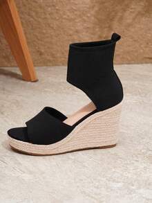 Women's Elastic Knit Linen Sole Slip-On Wedge Boots, Minimalist Casual Hollow-Out Platform Shoes, Suitable For Outings, Vacations, And Parties In All Seasons - Black - View 7