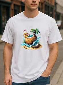 SHEINT-Shirt Coconut Beach Logo Seaside Vacation Style All-Season Pure Cotton T-Shirt, Simple And Stylish, Lightweight Round-Neck Short-Sleeve, Casual Short-Sleeve Round-Neck Pattern Printed T-Shirt-Soft-Lightweight-Comfortable Summer Vacation - White - View 11