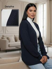 Cardigan casaco inverno feminino tranças blusa de frio elegante tricot - Azul Marinho - Visão 4