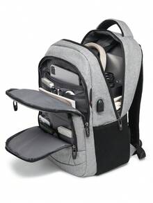 1pc Polyester Casual Laptop Backpack, Large Capacity Multi-Function Notebook Business Computer Bag, Outdoor Travel Backpack Suitable For Men And Women, Black, Grey - Multicolor - View 10