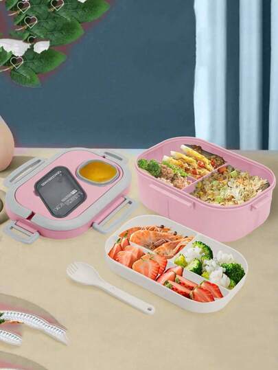 NEUZOJIT 1 Adult Bento Box, Salad Container, Large 40.5 Oz. Salad Bowl, Bento-Style Tray For Toppings, 3 Oz. Sauce Container For Dressing, With Reusable Fork And Knife,Back To School
