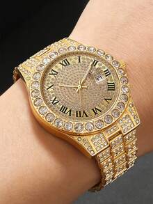 5件套男童时尚奢华石英表套装，包含嘻哈链手链、项链和戒指，尽显潮流嘻哈街头风，是完美的节日礼物或送给他的礼物。 - 金色 - 查看 4