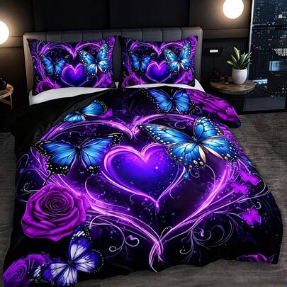 3Pcs Purple Butterfly Heart Duvet Cover Set, 2D Flat Printed Blue Butterfly Rose Bedding Set, Duvet Cover Set,Pillow Pattern Is Random Duvet Cover Set (1 Duvet Cover + 1/2 Pillowcase Without Pillow Insert), Bedding Set, Soft Warm And Cozy Bedding Set For Bedroom, Guest Room, Dormitory Decoration