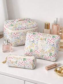 Large Capacity Women's Cosmetic Bag – Multi-Functional Handbag For Travel & Daily Use, Stylish Leaf & Pink Flower Design - Multicolor - View 14