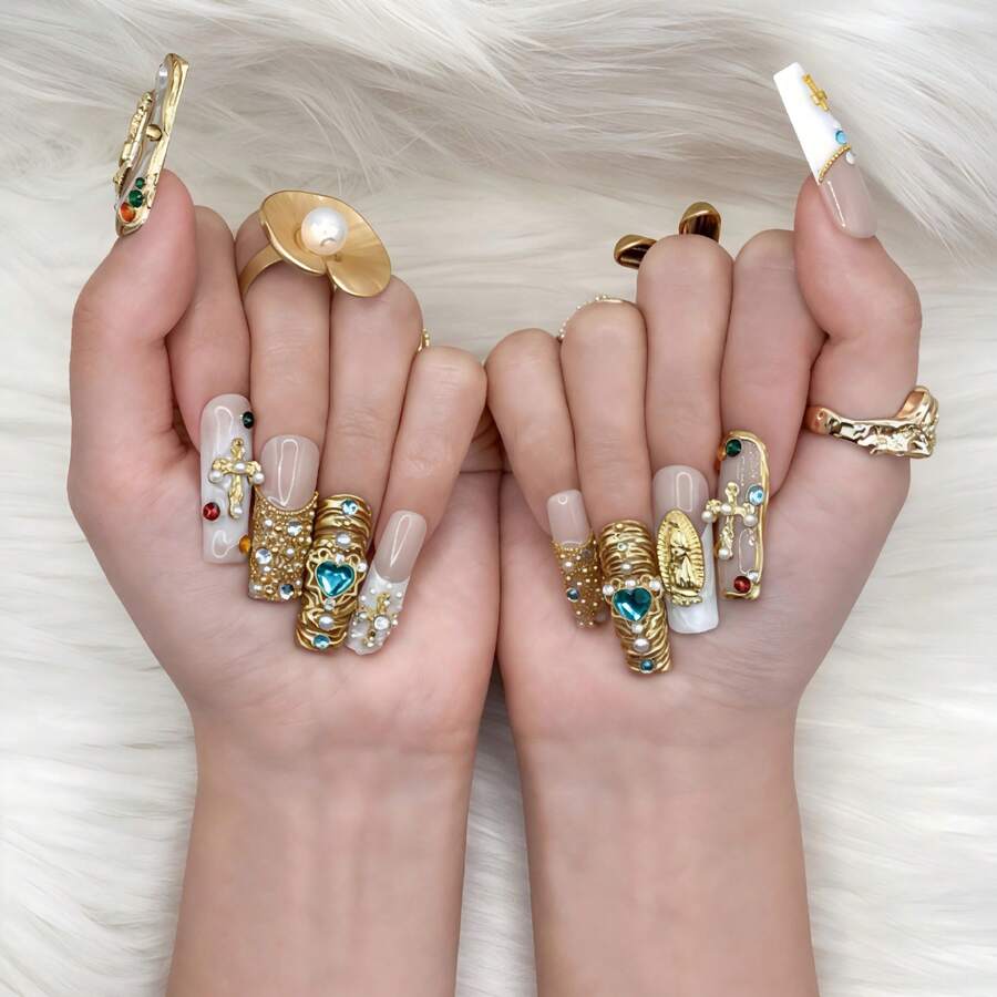 Nailchic 10 PCS Handmade Square Press-On Nails | Luxury Baroque Gold Acrylic Nails, 3D Virgin Mary Icon, Turquoise Heart Gem & Crystal Cross Edgy Art (Tool Kit Included) - Multicolor - View 1