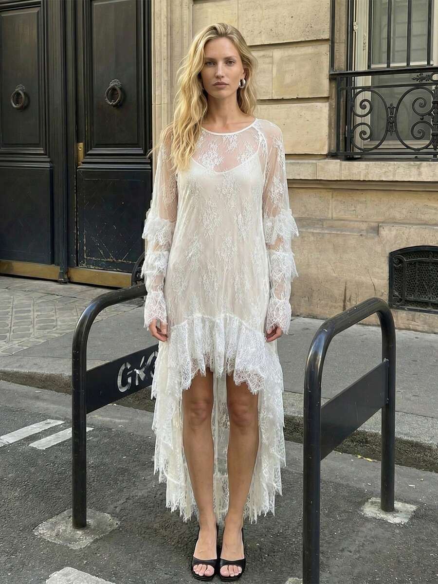 Vestido de encaje para mujer, manga larga, cuello redondo, color liso, bajo asimétrico, vestido vaporoso con volantes. - Blanco - Ver 1