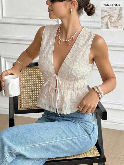 New Arrival Spring/Summer Sleeveless Bohemian Style Shirt, Suitable For Daily Gatherings, Beach, Sexy & Fashionable, Deep V-Neck, Waist Tie, Ruffle Hem, Women Casual Blouse Cardigan