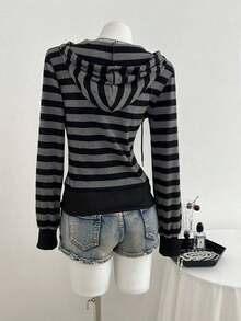 Gray & Black Striped Long Sleeve Loose Ribbed Zip-Up Sweatshirt For Women, Elegant & Cute, Suitable For School, Graduation, Casual, Sports, Daily Wear In Autumn/Winter - Black - View 2