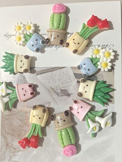 10个迷你植物造型冰箱贴套装，植物冰箱贴，花盆装饰冰箱贴，适用于家居厨房，创意冰箱贴装饰，树脂DIY配件，适合房间、办公室、厨房、春季、复活节、母亲节、生日、节日装饰和礼物