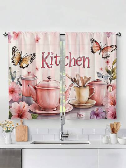 2 tấm rèm bếp in hoa màu hồng, không có lỗ, rèm ngắn in hình dao kéo, thích hợp trang trí phòng ngủ, văn phòng, nhà bếp, phòng khách, phòng học, nhà cửa.