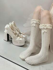 1 đôi tất dài đến bắp chân kiểu Nhật Bản viền ren, tất mỏng dài kiểu Lolita, họa tiết Gothic Lolita thanh lịch, thời trang mặc hàng ngày. - Nhiều màu - Xem 7