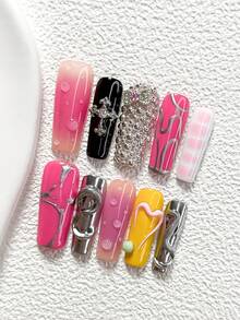 10件套Y2K风格手工美甲套装，包含浮雕美甲贴、十字架、蝴蝶结美甲装饰、条纹美甲配件、粉色、紫色和黄色指甲油，甜美与个性兼具，内含美甲工具（1张果冻贴+1把指甲锉），三种尺寸可选：杏仁形、鸭嘴形、棺材形美甲，适合派对、日常佩戴、拍照、春夏通勤等场合。 - 彩色 - 查看 4
