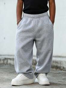 Boys' Solid Color Minimalist Sports Sweatpants, Soft & Breathable Loose Straight Leg Pants, Young Boy Versatile Casual Trousers For Spring - Light Grey - View 2