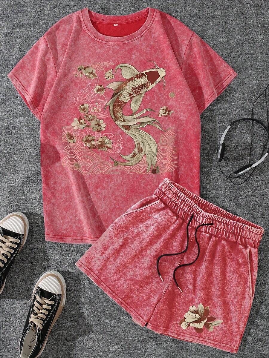 Women's Vintage Washed Koi Fish And For Lotus Print T-Shirt And Shorts Set, Women's Street Style Casual Fashion Outfit Short Sleeve T-Shirt - 紅色 - 查看 1