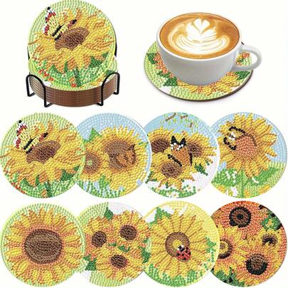 8 pièces Set de sous-verres en peinture de diamant tournesol, surface de diamant brillante ronde, adhésif robuste avec tous les outils, facile pour les débutants, artisanat anti-stress, cadeau pour le Nouvel An, la Saint-Valentin, Noël, la Fête des Enseignants, sous-verres de décoration de table pour la maison, cadeau pour la famille, les amis, la petite amie, l'enseignant