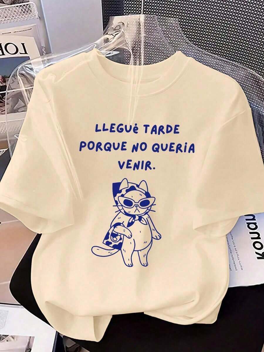 Solt Camiseta casual de manga corta con estampado de gato de moda, cuello redondo, estilo elegante para mujer, color negro, primavera 2026 graphic - Albaricoque - Ver 1