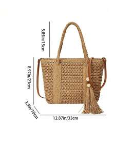 Women's Large Capacity Straw Vacation Beach Bag, Woven With Tassel Decor, Shoulder Tote Handbag, Wallet, Casual Fashion Travel Bag, Portable Foldable Bohemian Style Shoulder Bag - Multicolor - View 2