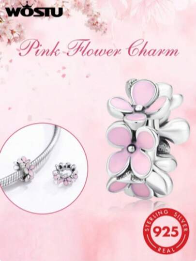 WOSTU 1pc Silver 925 Pink Enamel Flower Charm For Women Original Bracelet Bangle 925 Sterling Silver DIY Jewelry Beads Valentines