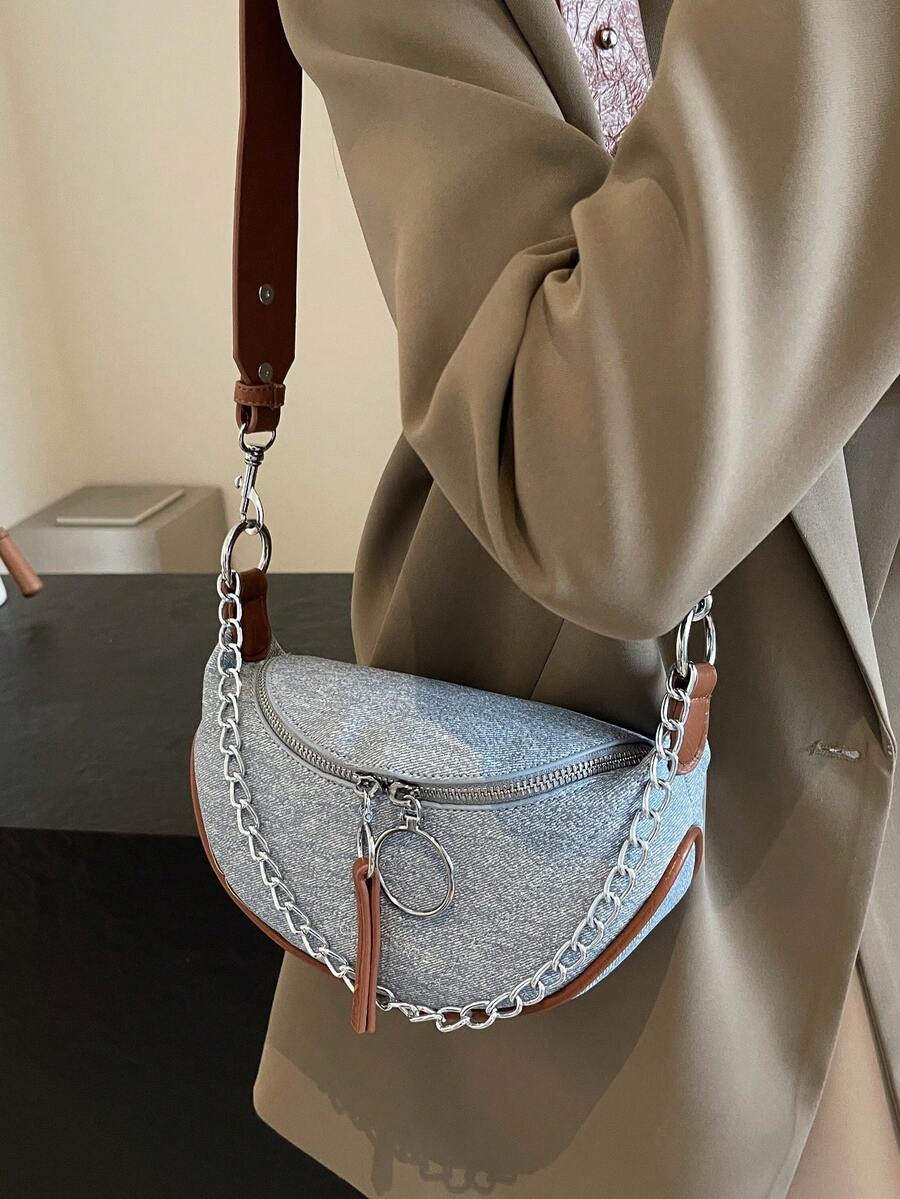 CHERIMATE Túi đeo hông denim mới năm 2026, túi đeo eo nữ kiểu dáng thường ngày, túi đeo ngực, túi đeo chéo vai, túi nhỏ thời trang năng động có dây xích. - màu nâu - Xem 1