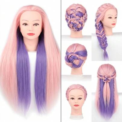 Đầu ma-nơ-canh cao 27,5 inch với tóc dài màu hồng tím ombre, làm bằng tóc tổng hợp chịu nhiệt, dùng để thực hành tạo kiểu tóc, tết tóc, uốn xoăn và nhuộm tóc, phù hợp cho sinh viên ngành làm tóc.