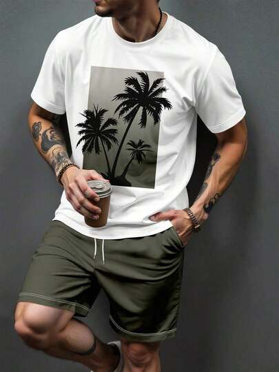 Conjunto de camiseta de manga corta con estampado de palmeras y pantalones cortos con cordón en la cintura para hombre