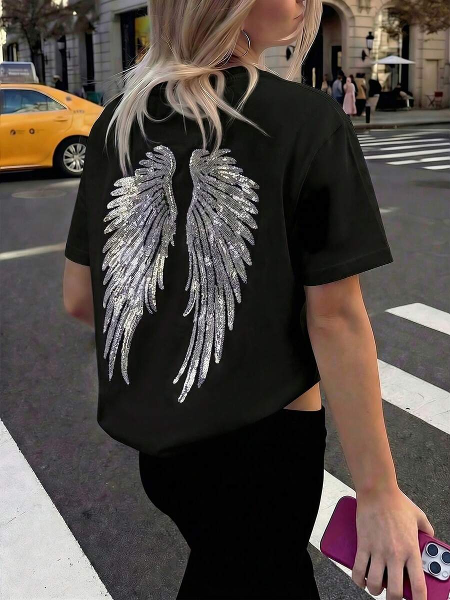 天使翅膀亮片刺绣外出派对服装,Y2K夏季度假海滩女装,女士休闲圆领短袖T恤(黑色) - 黑色 - 查看 1