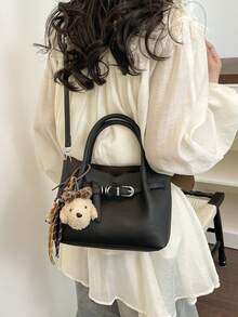 1pc Women's Solid Color Bucket Bag, Fashionable Retro PU Twist Lock Handbag With Cherry Pendant, Suitable For Commuting, Shopping, And Gift - Black - View 6