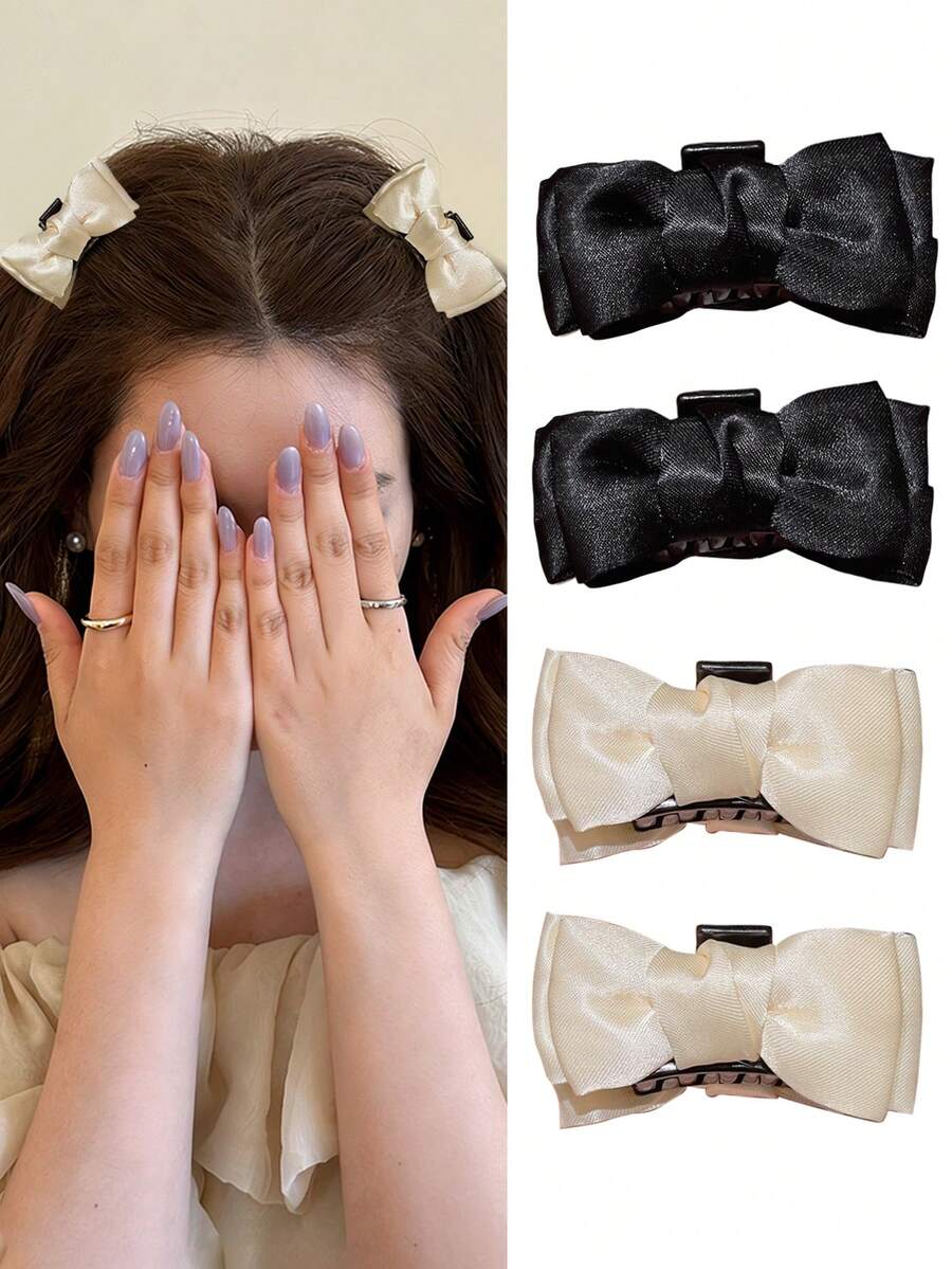 4 piezas Pasadores de pelo con lazo estilo hada dulce para mujer, adecuados para flequillo lateral diario, peinado de princesa con clips esponjosos, gran regalo de accesorios para el cabello, adecuados para vacaciones en la playa, look juvenil, combinación versátil diaria, ¡práctico y útil! Pinzas para el cabello tipo garra para looks de verano